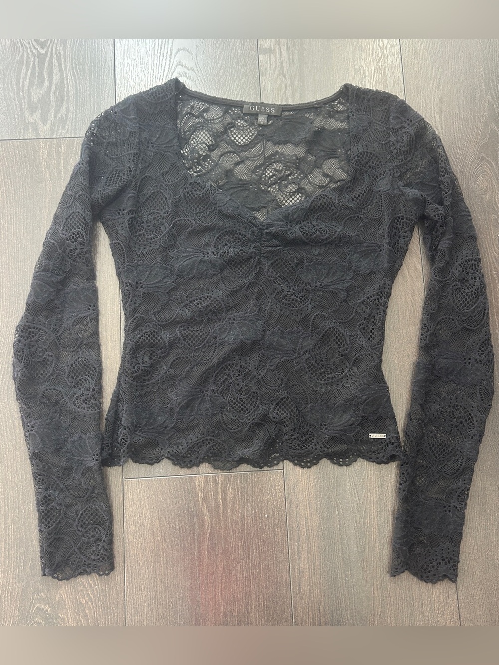 ⁠GUESS Black Lace Long Sleeve Top Lined Front Sheer Y2K Goth Coquette XS⁠